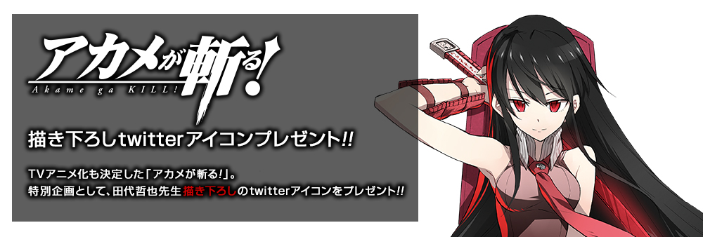 アカメが斬る!描き下ろしtwitterアイコンプレゼント!! TVアニメ化も決定した「アカメが斬る!」。特別企画として、田代哲也先生描き下ろしのtwitterアイコンをプレゼント!